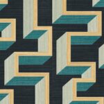 Geometrisch patroon met 3D-blokken in geel, turquoise en grijs op een donkerblauwe achtergrond.