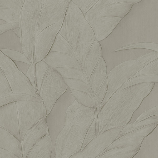 Beige behang met een subtiel reliëfpatroon van grote, overlappende bladeren uit de Arte Muza 75000 collectie.