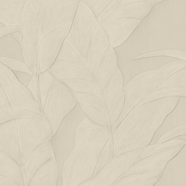 Beige behang met subtiel reliëf van grote tropische bladeren uit de Arte Musa 75002 collectie.