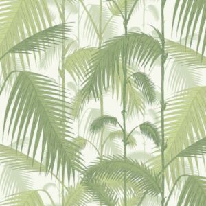 Behangpatroon met groene palmbladeren op een lichte achtergrond.
