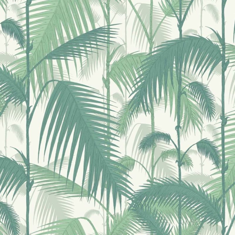 Tropisch patroon met groene palmbladeren op een lichte achtergrond.
