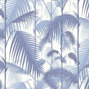 Illustratie van een patroon met blauwe palmbladeren op een lichtgekleurde achtergrond.