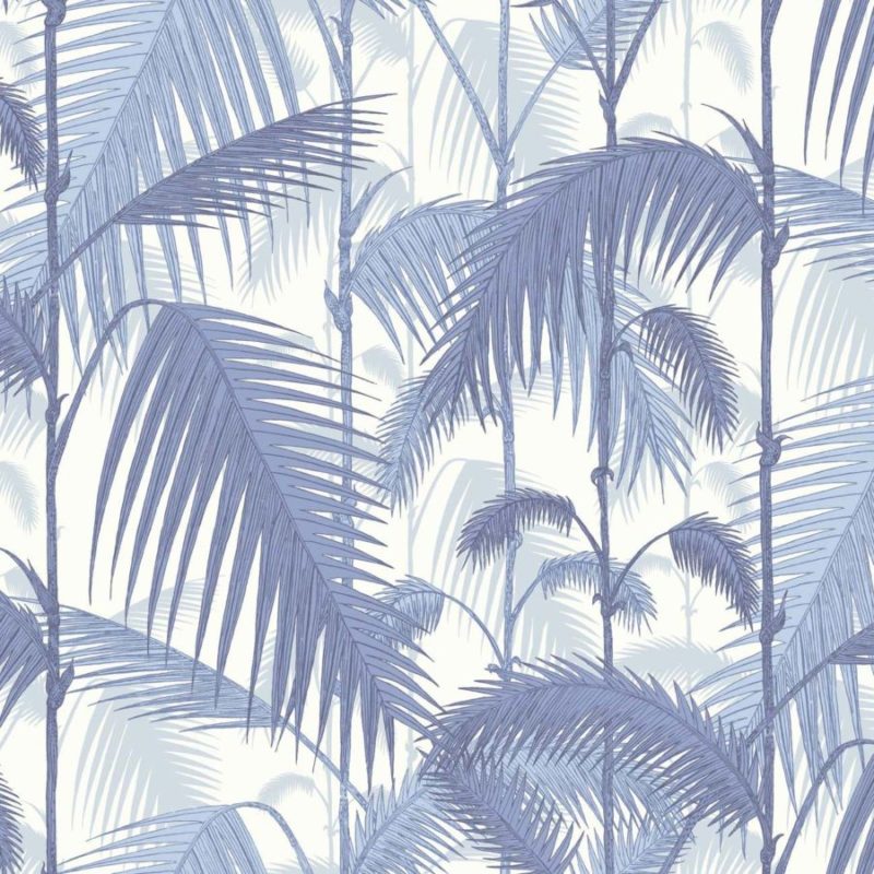 Illustratie van een patroon met blauwe palmbladeren op een lichtgekleurde achtergrond.