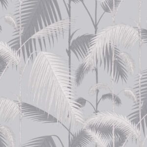 Grijs-wit tropisch palmbladpatroon op een lichtgrijze achtergrond.