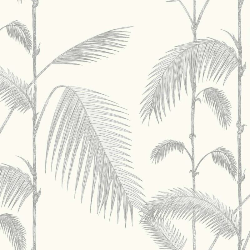 Grijs botanisch patroon met palmbladeren op een lichtbeige achtergrond.