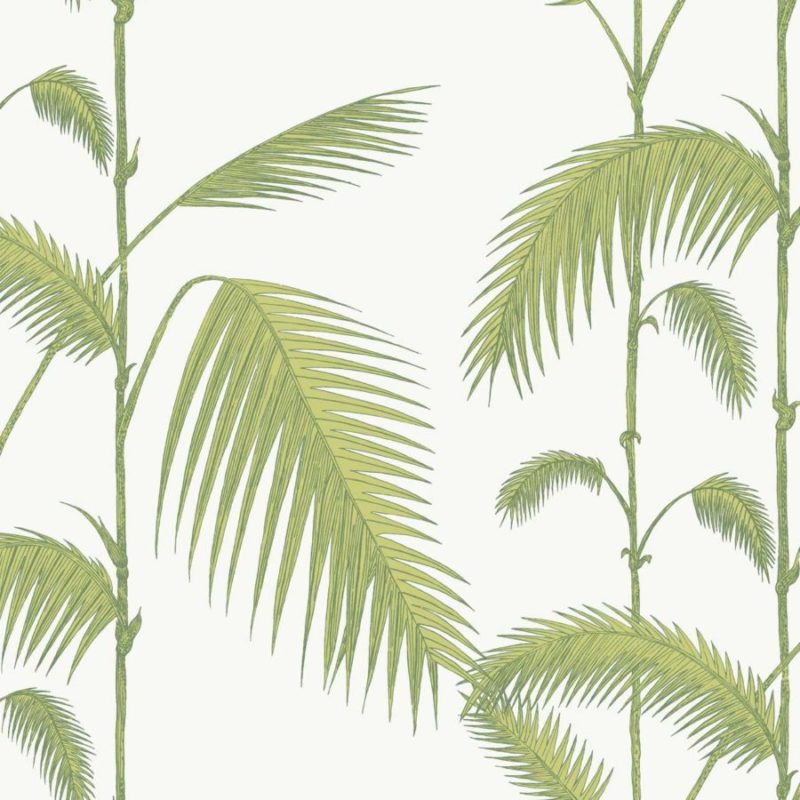 Illustratie van groene palmbladeren op een lichte achtergrond als botanisch behangpatroon.