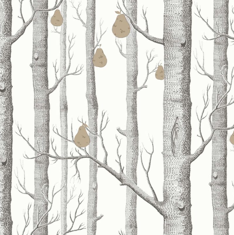 Illustratie van kale bomen met bruingekleurde peren die tussen de takken hangen.