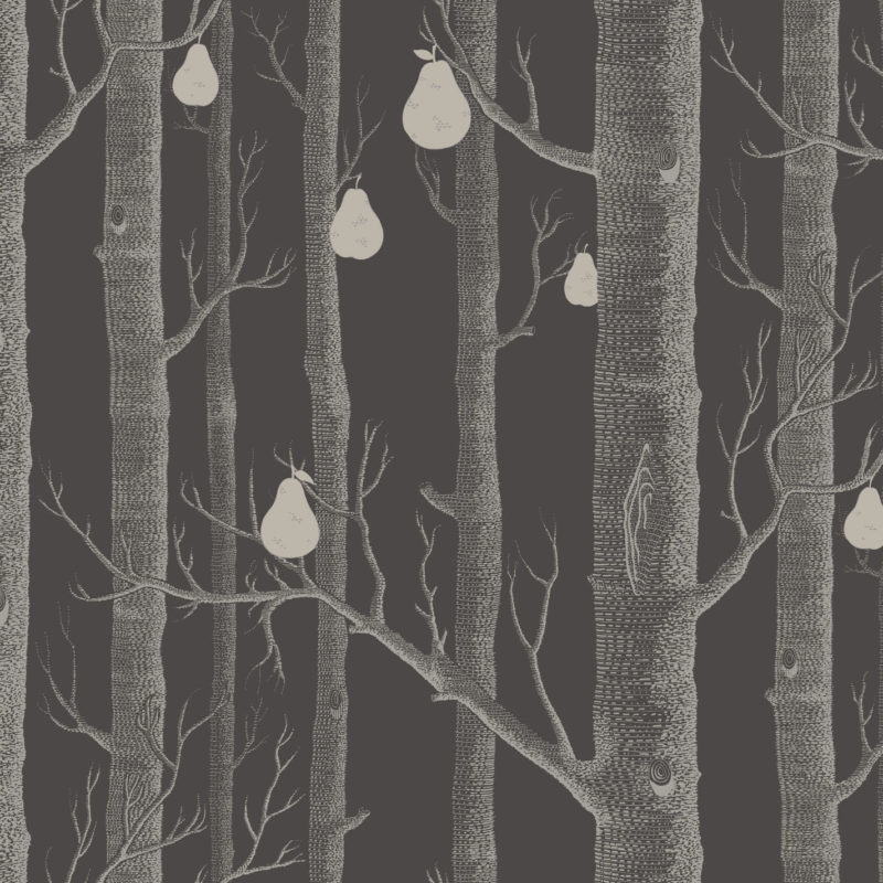 Illustratie van een donker bos met gestileerde bomen en witte peren die aan de takken hangen.