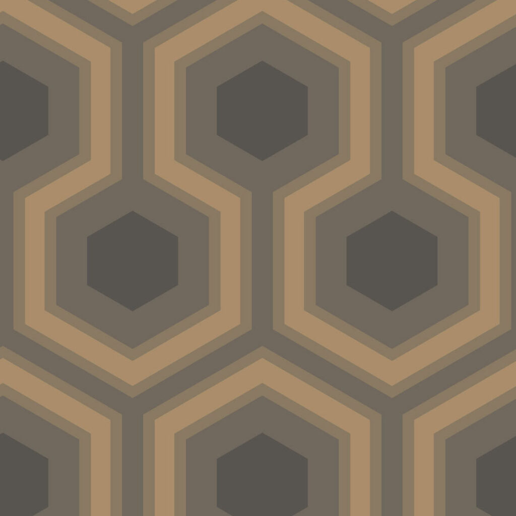 Herhalend geometrisch patroon met zeshoeken in bruine, beige en oranje tinten, gebaseerd op ontwerp 95-6033.