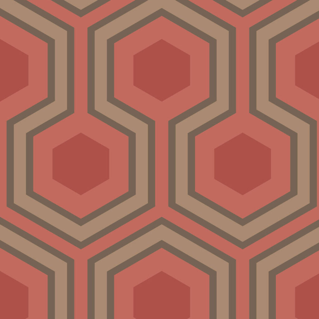 Herhalend geometrisch patroon met zeshoeken in rood- en bruintinten, gebaseerd op ontwerp 95-6038-1.