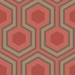 Herhalend geometrisch patroon met zeshoeken in rood- en bruintinten, gebaseerd op ontwerp 95-6038-1.