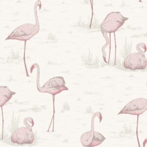 Patroon met zachtroze flamingo’s op een lichtbeige achtergrond met subtiele grassoorten.
