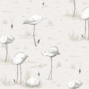 Zwart-wit illustratie van flamingo’s die staan en rusten in een moerassig landschap.