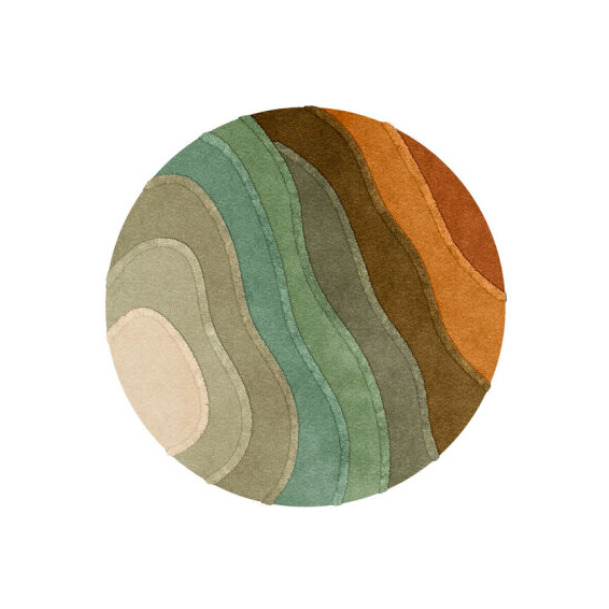 Rond vloerkleed Allegro High AERH35894 met golvende patronen in groene, beige en oranje tinten.
