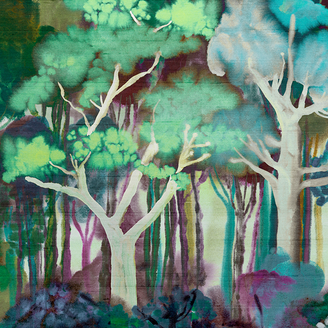 Waterverfschildering van een dichte, kleurrijke jungle met witte boomstammen en groene bladerkronen in het Arte Alaya Banyan Deep Forest patroon.
