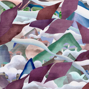 Illustratief behang met paarse bladeren, bergen, wolken en kleurrijke huisjes in een fantasierijk berglandschap.