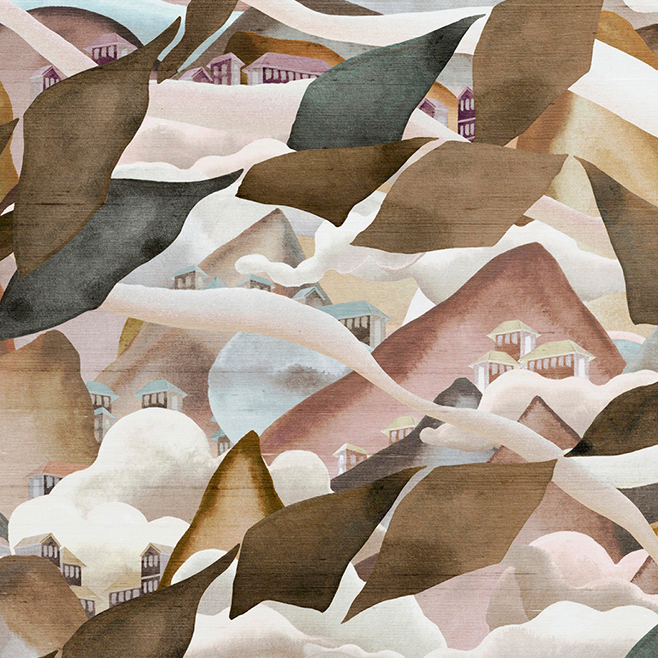 Illustratief behangpatroon met sepiawolken, bergen, huisjes en grote abstracte bladeren in zachte aardetinten.