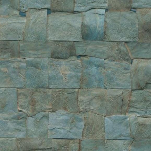 Textuur van turquoise gekleurde, rechthoekige Arte Alba wandbekleding met een licht golvend patroon.