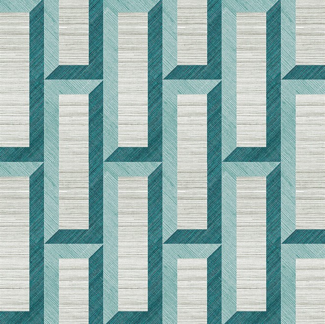 Geometrisch patroon van rechthoeken met een 3D-effect in turquoise, teal en lichtgrijs, uit de Arte Biseau 72721 collectie.