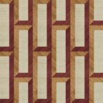Geometrisch patroon van rechthoekige vormen met koperrode en houtkleurige biezen op een beige achtergrond uit de Arte Biseau 72722 collectie.