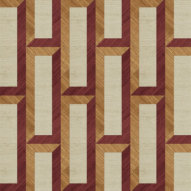 Geometrisch patroon van rechthoekige vormen met koperrode en houtkleurige biezen op een beige achtergrond uit de Arte Biseau 72722 collectie.