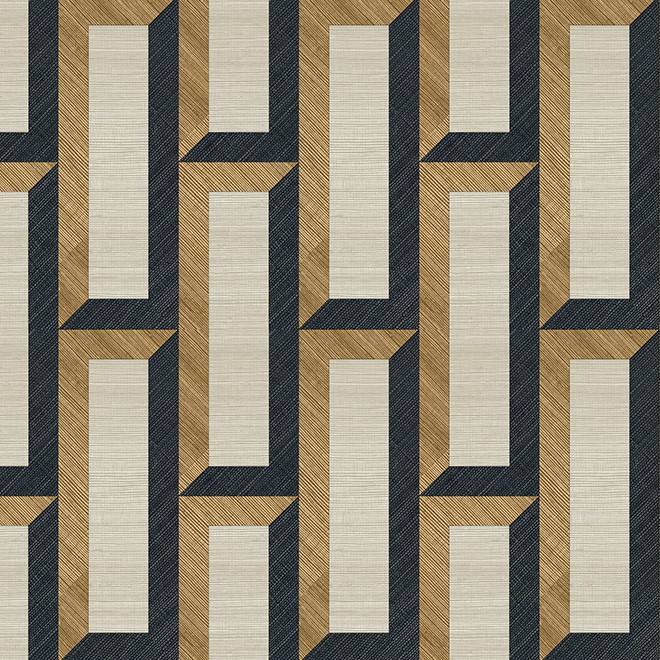 Geometrisch patroon van Arte Biseau 72723 in brons, zwart en beige met een 3D-effect.