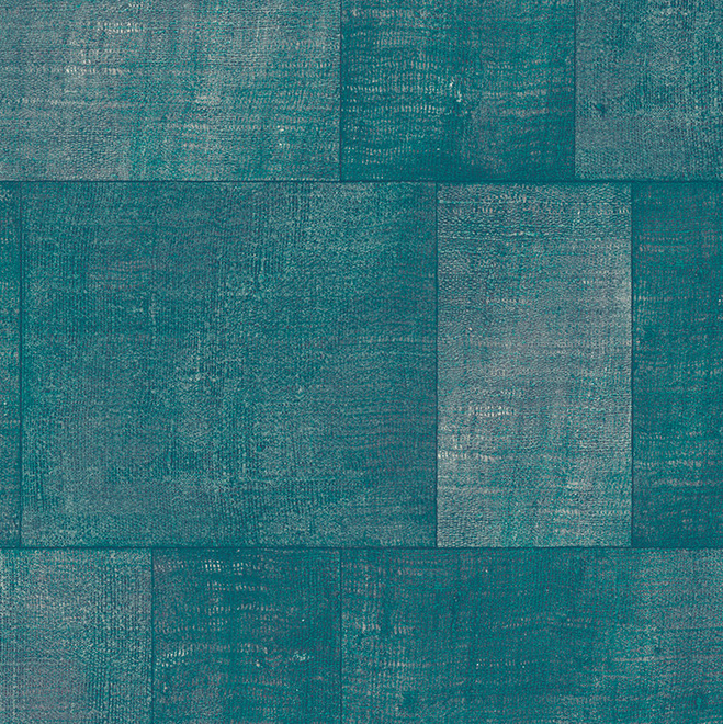Behang met een patroon van rechthoekige vlakken in blauwgroene tinten uit de Gitane-collectie van Arte.