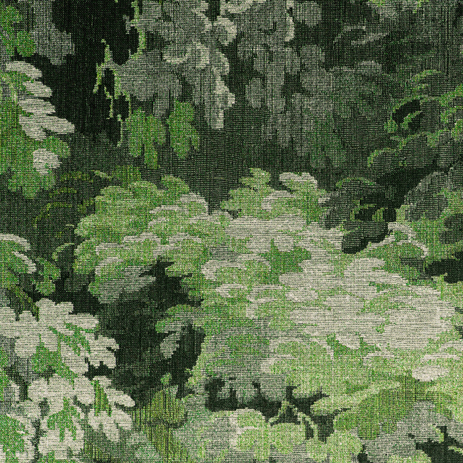 Groen getextureerd behang met een dicht bladerpatroon uit de Arte Diore 48010 Grass Les Forêts collectie.