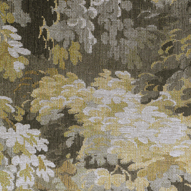 Textuurachtig behang met een bosachtig bladerpatroon in mosterdgele, grijze en groengrijze tinten uit de Arte Diore Les Forêts collectie.