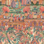 Gedetailleerd en kleurrijk behang uit de Arte Emperador Gitane collectie met een oosters tafereel van zittende figuren, bloemen en sierlijke patronen.