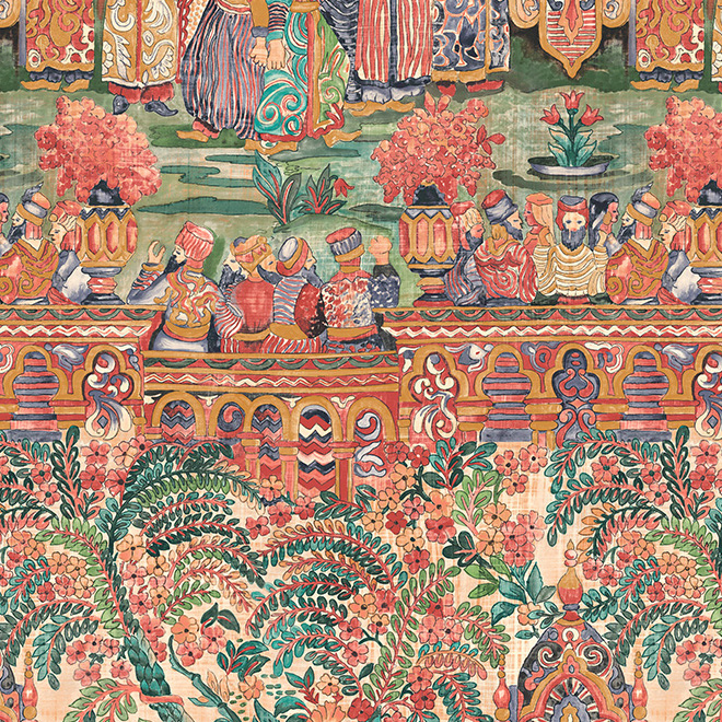 Gedetailleerd en kleurrijk behang uit de Arte Emperador Gitane collectie met een oosters tafereel van zittende figuren, bloemen en sierlijke patronen.