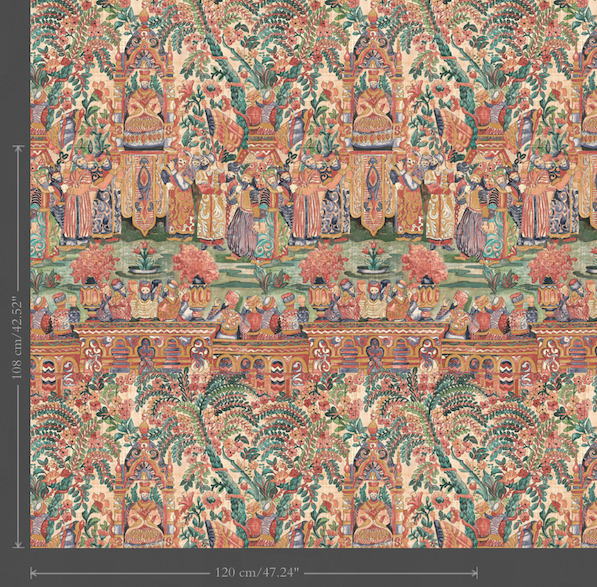 Decoratief behang uit de Gitane-collectie met een kleurrijk, oosters geïnspireerd patroon van hofscènes, planten en bloemen.