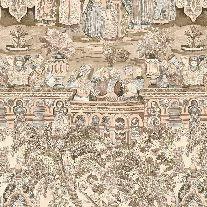 Decoratief Arte Emperador behang uit de Gitane collectie met een oosterse scène van figuren, planten en architectonische patronen in aardetinten.