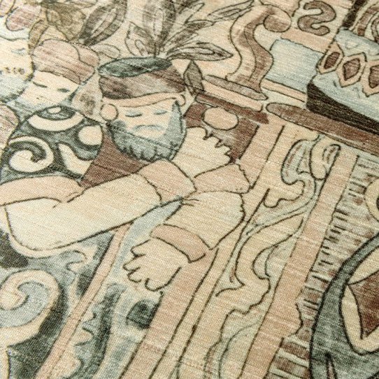 Detailopname van het Arte Emperador behang uit de Gitane collectie met een getekende figuur en decoratieve patronen in aardetinten.