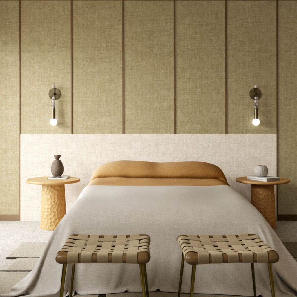 Sfeervol ingerichte slaapkamer met Arte Essentials Brushed Suede behang, een modern bed en natuurlijke houtaccenten.
