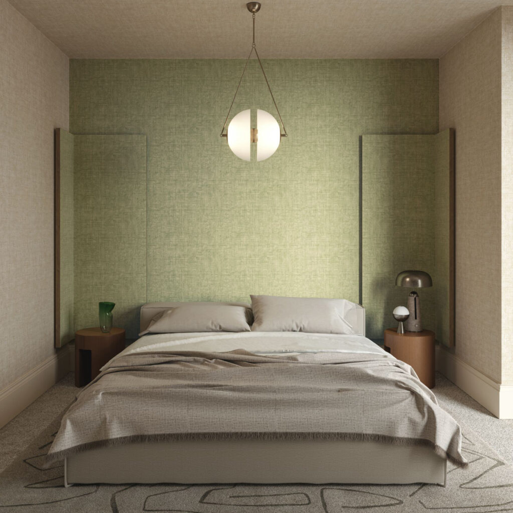 Sfeervolle slaapkamer met Arte Essentials Brushed Suede behang in een zachte groentint achter het bed.