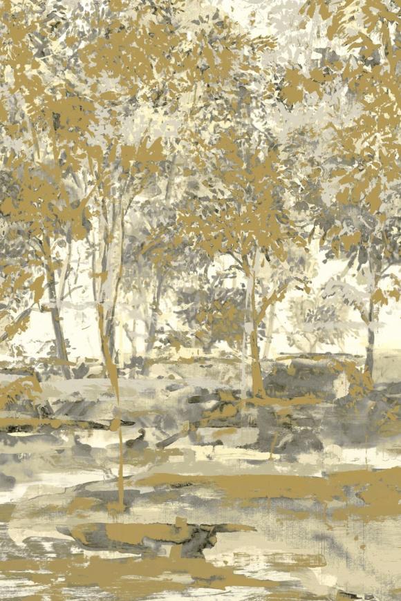 Abstract patroon van het Arte Essentials Brushed Suede Sherwood 59640 behang met een landschap van bomen in goud- en grijstinten.