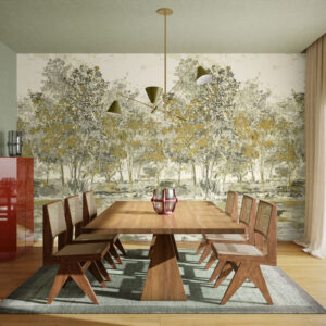 Moderne eetkamer met houten meubels en een muur bekleed met Sherwood-behang uit de Arte Essentials Brushed Suede collectie.