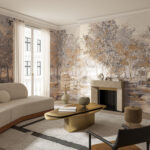 Stijlvolle woonkamer met Arte Essentials Brushed Suede Sherwood 59640 behang met boommotief in natuurlijke tinten.