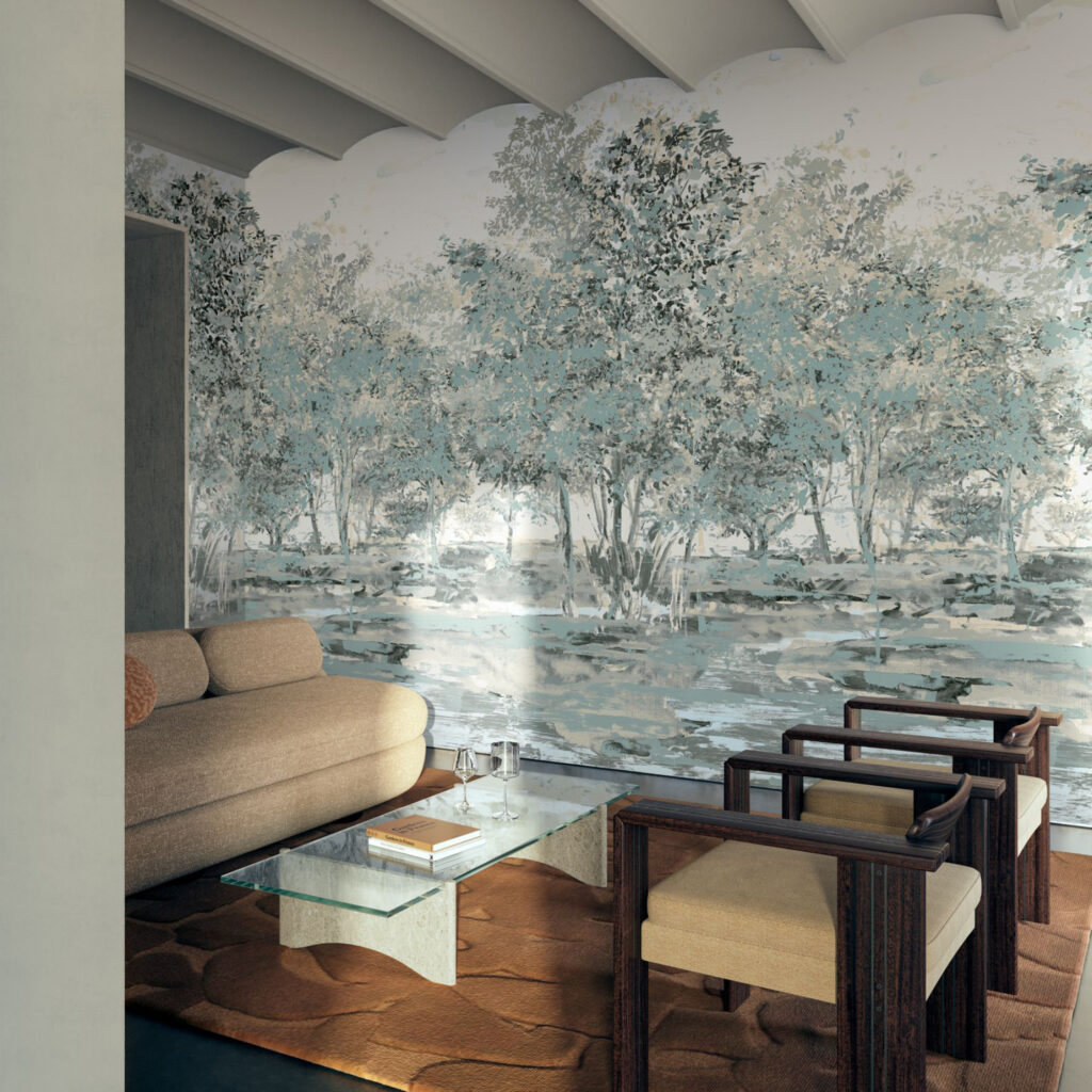 Stijlvolle woonkamer met Arte Essentials Brushed Suede Sherwood muurdecoratie in een bosachtig patroon.