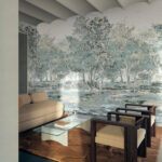 Stijlvolle woonkamer met Arte Essentials Brushed Suede Sherwood muurdecoratie in een bosachtig patroon.