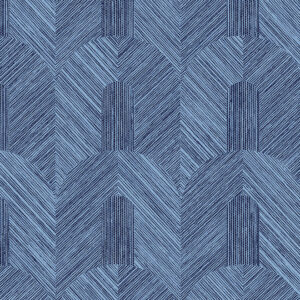 Blauw textielpatroon van de Arte Essentials Tangram Dome 24061 met geometrische bogen en diagonale lijnen.