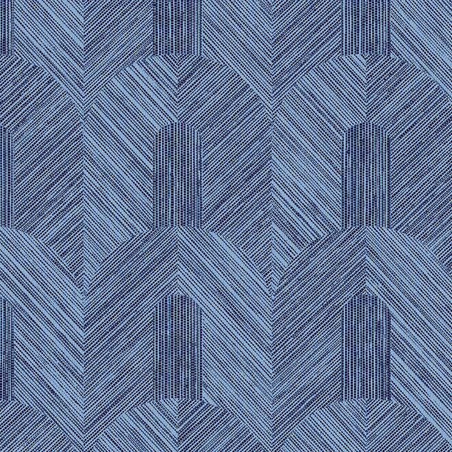 Blauw textielpatroon van de Arte Essentials Tangram Dome 24061 met geometrische bogen en diagonale lijnen.