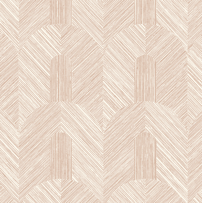 Beige en koperkleurig Arte Essentials Tangram Dome 24063 behang met geometrisch patroon van gebogen en diagonale lijnen.