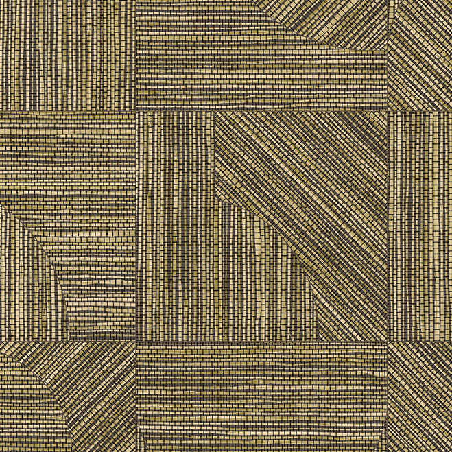 Gedetailleerd patroon van de Arte Essentials Tangram Dome 24082 wandbekleding met goudkleurige geometrische lijnen en texturen.