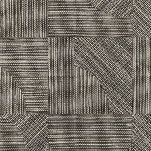 Gedetailleerd patroon van de Arte Essentials Tangram Dome 24086 wandbekleding met geometrische vormen en een geweven textuur in zwart en beige.