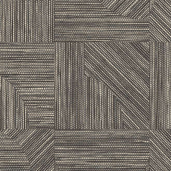 Gedetailleerd patroon van de Arte Essentials Tangram Dome 24086 wandbekleding met geometrische vormen en een geweven textuur in zwart en beige.