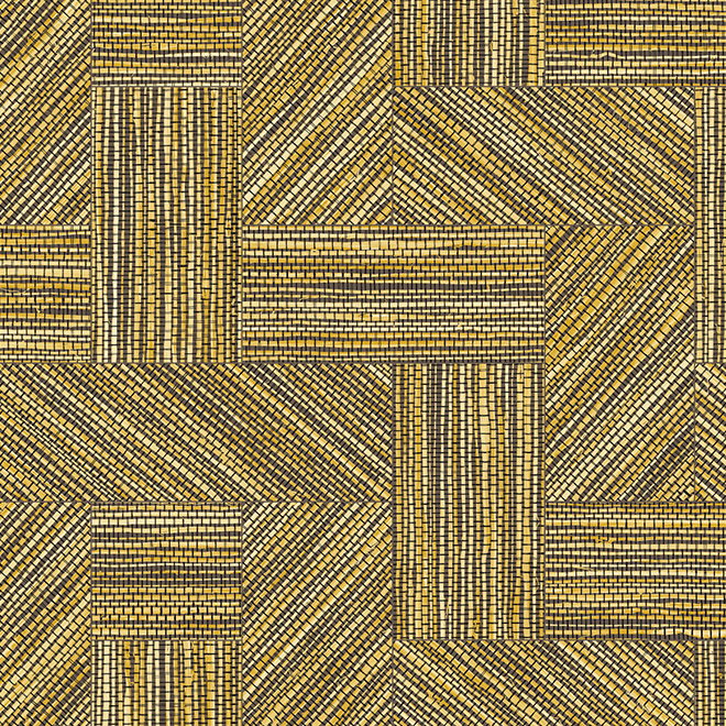 Decoratief patroon van kleine, goudgele en zwarte blokjes in een geometrische tangram-intarsio stijl.