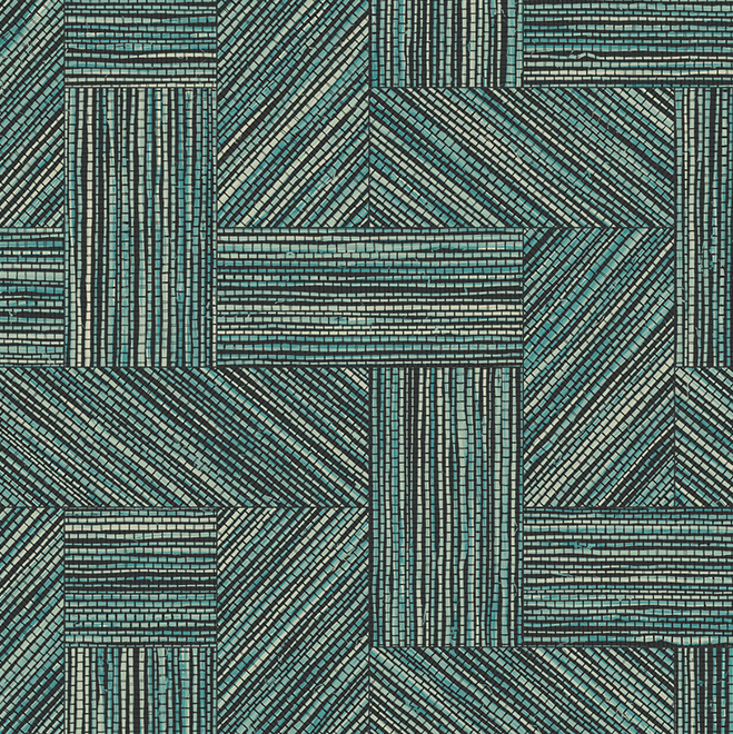 Geometrisch patroon van de Arte Essentials Tangram Intarsio 24041 met blauwe en zwarte lijnen in diverse richtingen.