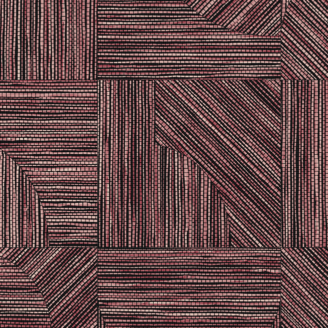 Abstracte wandbekleding uit de Arte Essentials Tangram Splice 24080 collectie met geometrisch patroon van roze en zwarte lijnen.